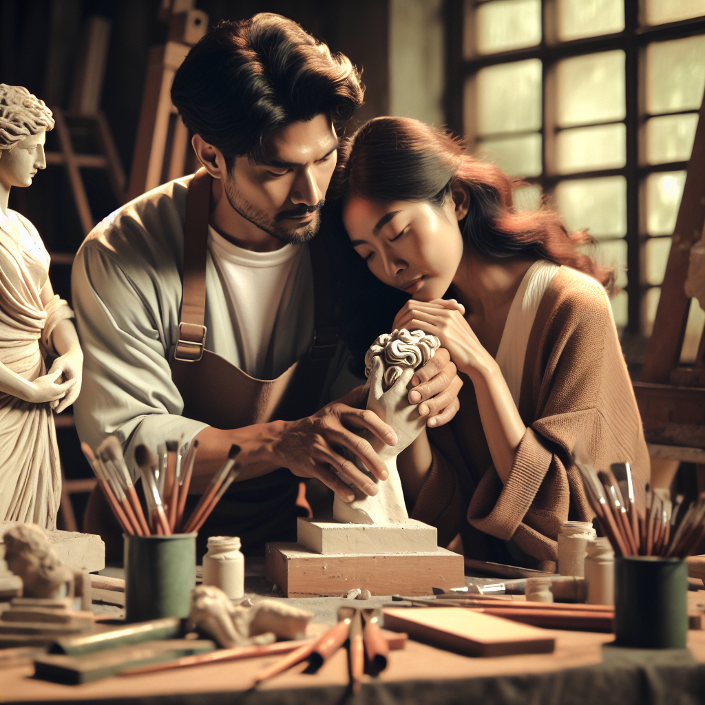 A loving couple sculpting a statue together in a serene, artistic setting. The sculpture symbolizes personal growth and mutual support in a relationship. Renaissance art style, with warm, intimate lighting.