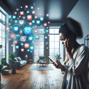 A concerned individual looking at a phone screen, with digital icons representing dating apps floating around, set in a modern, minimalist room.