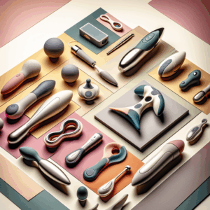 A vibrant, visually appealing collage capturing a variety of innovative sextoys in a modern and tasteful arrangement, demonstrating their sleek design and technological advancements, set in a soft, neutral background.