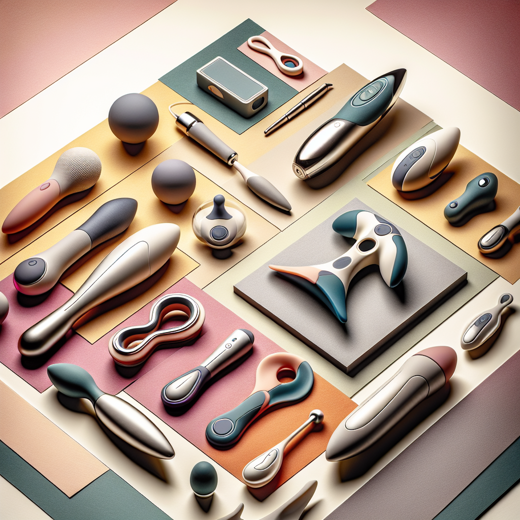 A vibrant, visually appealing collage capturing a variety of innovative sextoys in a modern and tasteful arrangement, demonstrating their sleek design and technological advancements, set in a soft, neutral background.