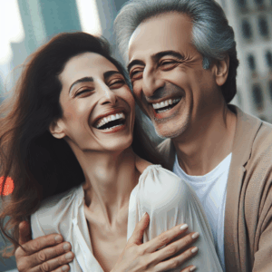 A diverse couple with a significant age gap, sharing an intimate, joyful moment together outdoors, demonstrating love and connection, with a blurred cityscape in the background.