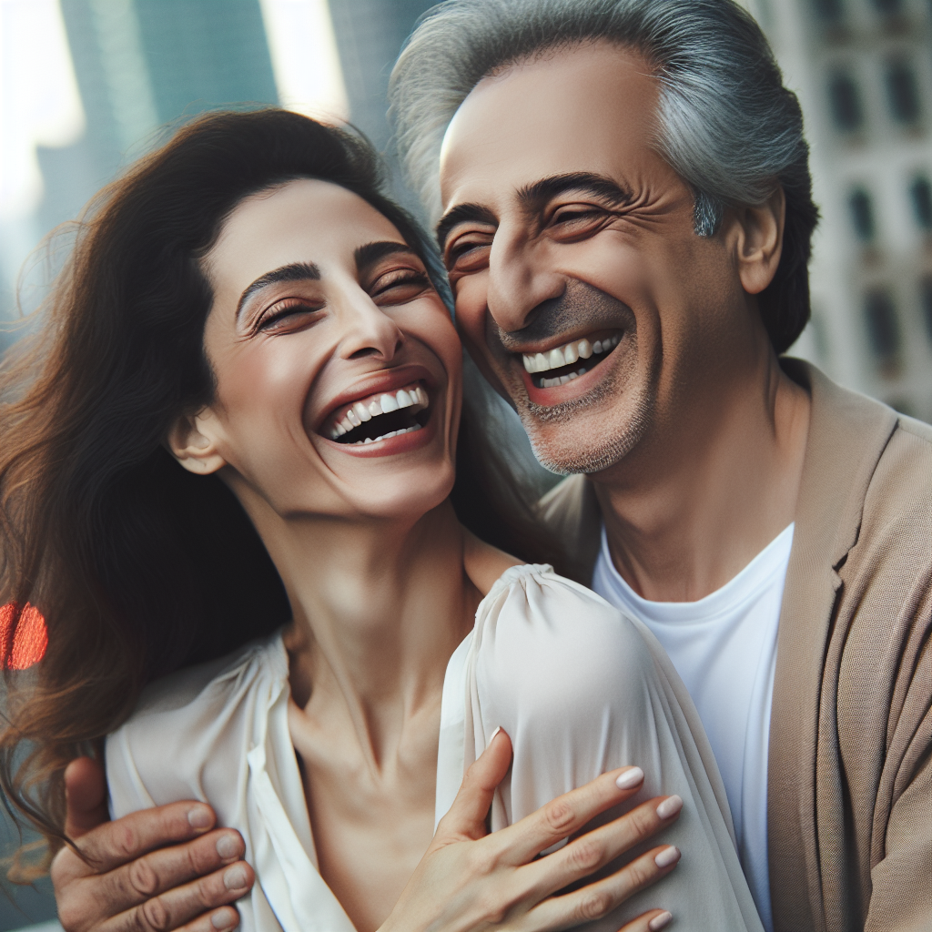 A diverse couple with a significant age gap, sharing an intimate, joyful moment together outdoors, demonstrating love and connection, with a blurred cityscape in the background.