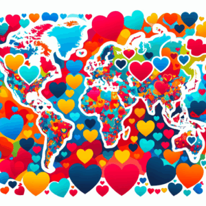 A world map with hearts marking different countries, depicting rankings of sexual performances worldwide, vibrant and engaging illustration