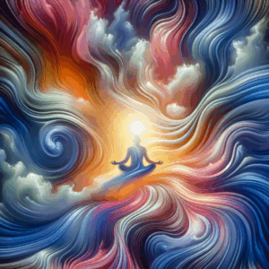 An abstract illustration representing a meditative and euphoric state, capturing a serene yet intense atmosphere. In the image, use soft, swirling colors to convey the transcendence and pleasure associated with the practice of gooning, symbolizing a heightened state of consciousness.