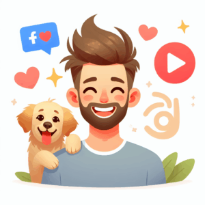 A joyful cartoon illustration of a person embodying 'golden retriever boyfriend' energy: cheerful, loyal, and devoted, surrounded by hearts and social media icons like TikTok, symbolizing the viral nature of the trend.