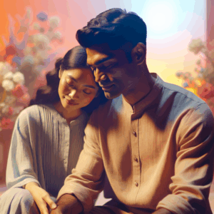 A warm and intimate couple sitting together, surrounded by soft lighting and gentle colors, symbolizing connection and communication.