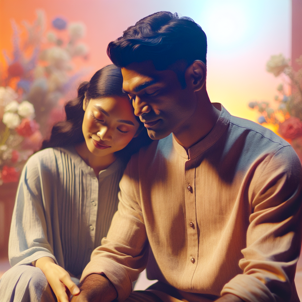 A warm and intimate couple sitting together, surrounded by soft lighting and gentle colors, symbolizing connection and communication.
