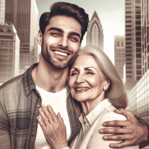 A diverse couple with a significant age difference, depicted in a harmonious and loving embrace. The background should reflect a modern, urban setting to emphasize contemporary acceptance and diversity. The couple should exude happiness and mutual respect, serving as an illustration of love beyond age.