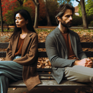 A thoughtful couple sitting apart on a park bench, looking away from each other, with autumn leaves scattered around. The mood is contemplative and somber, illustrating the distance and emotional disconnect in a relationship.