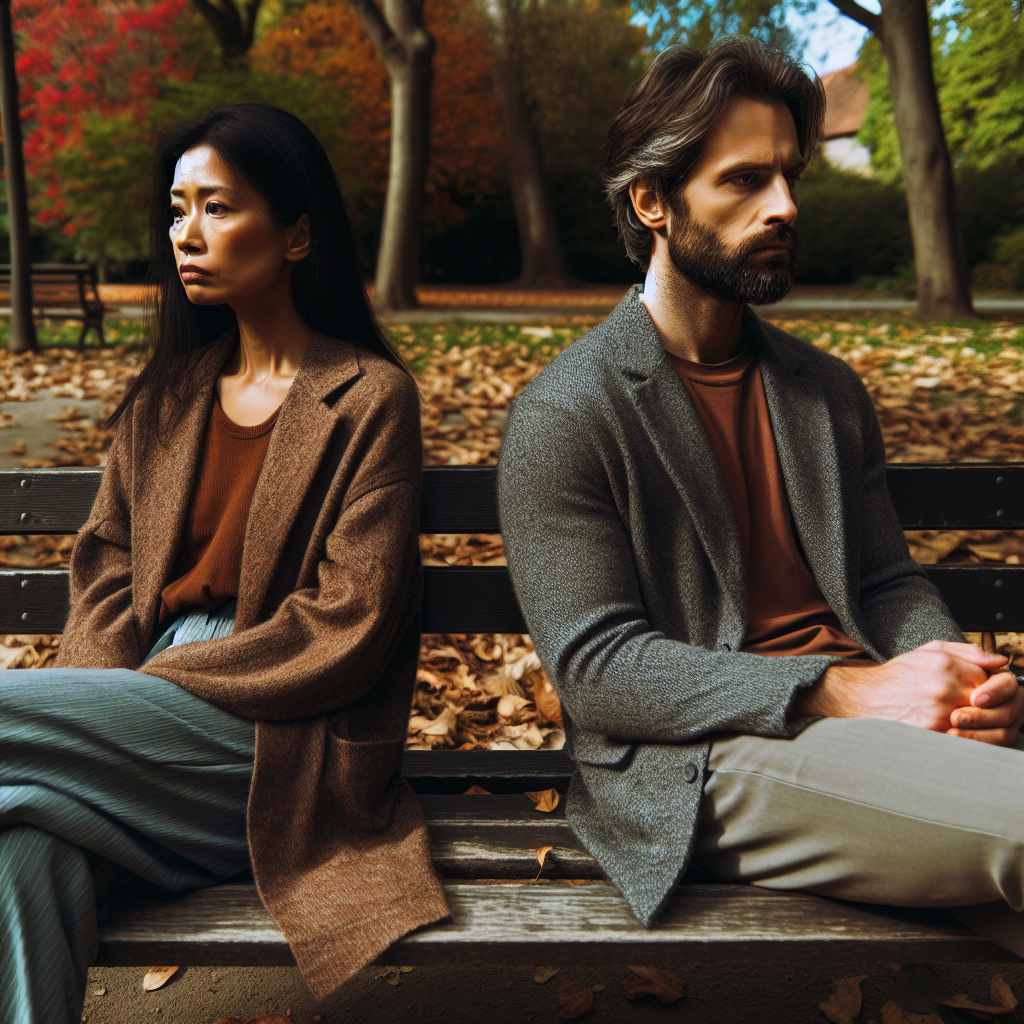 A thoughtful couple sitting apart on a park bench, looking away from each other, with autumn leaves scattered around. The mood is contemplative and somber, illustrating the distance and emotional disconnect in a relationship.