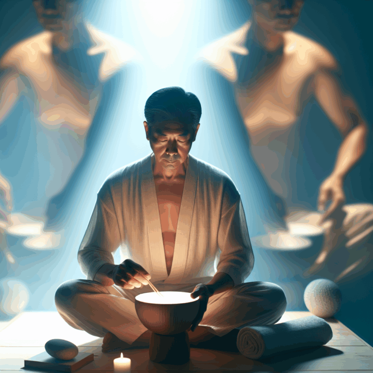 A serene and intimate setting showing a person peacefully engaged in self-care, surrounded by soft lighting and calming colors, representing the concept of gooning as a meditative and sensory journey.