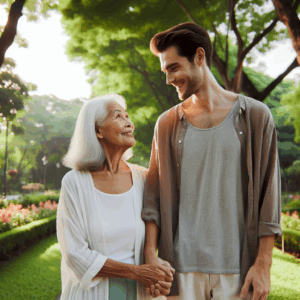 A loving couple of different ages holding hands and walking in a park, illustrating happiness despite age differences, conveying warmth and understanding.