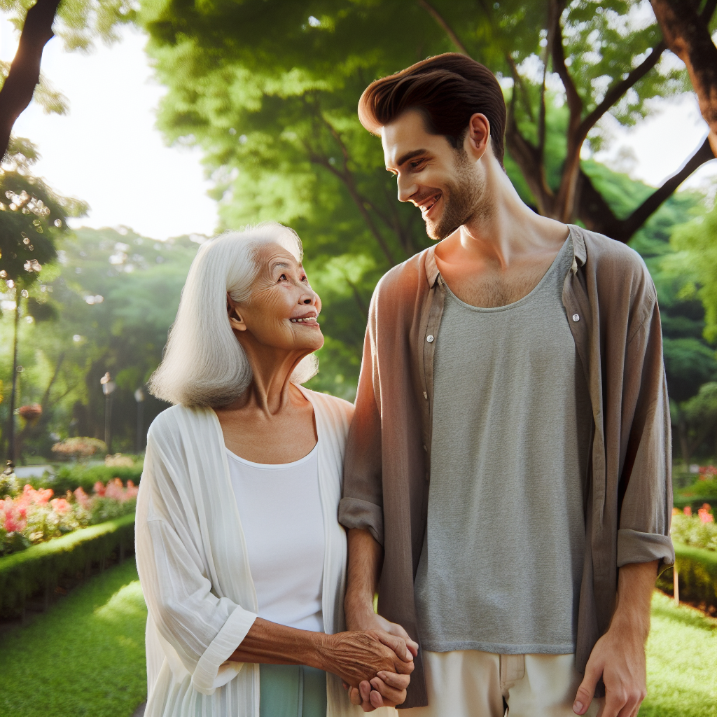 A loving couple of different ages holding hands and walking in a park, illustrating happiness despite age differences, conveying warmth and understanding.