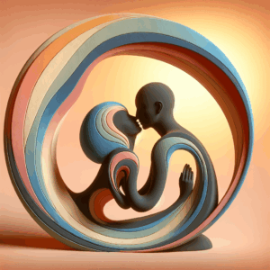 An artistic depiction of two abstract human figures in a loving embrace, symbolizing the intimate connection of the Golden Arch position, with a soft, romantic color palette. The figures should be gracefully curved, hinting at the shape of an arch, with a subtle, warm glow in the background to enhance the mood of sensuality.