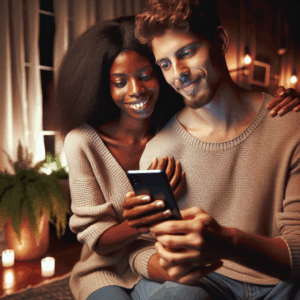 A romantic couple using a smartphone together in a cozy home setting, surrounded by soft lighting and plants, both individuals smiling and engaging with the device, representing modernity and intimacy.