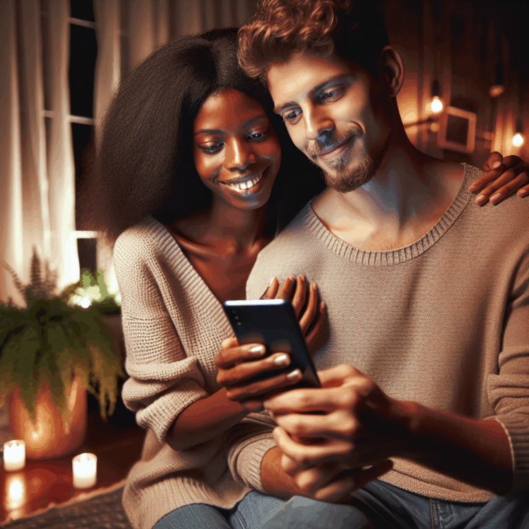 A romantic couple using a smartphone together in a cozy home setting, surrounded by soft lighting and plants, both individuals smiling and engaging with the device, representing modernity and intimacy.