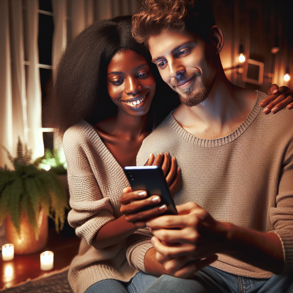A romantic couple using a smartphone together in a cozy home setting, surrounded by soft lighting and plants, both individuals smiling and engaging with the device, representing modernity and intimacy.