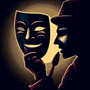 An illustration of a dramatic mask representing the deceptive nature of narcissistic manipulators, with a shadowy figure whispering insidious phrases, in a psychological thriller theme.