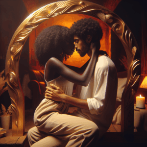 A romantic and sensual illustration of a couple embracing in a symbolic golden arch shape that emphasizes intimacy and connection, set in a warm and intimate environment.
