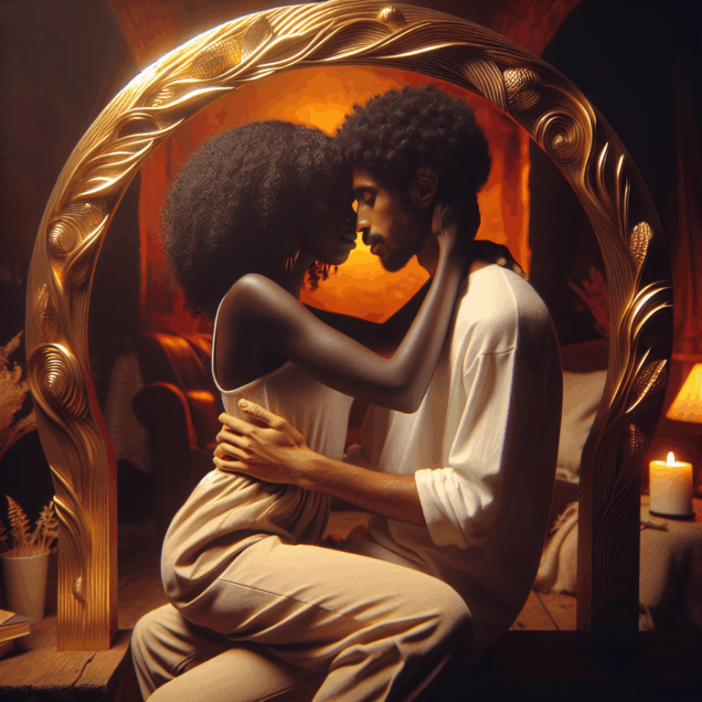 A romantic and sensual illustration of a couple embracing in a symbolic golden arch shape that emphasizes intimacy and connection, set in a warm and intimate environment.