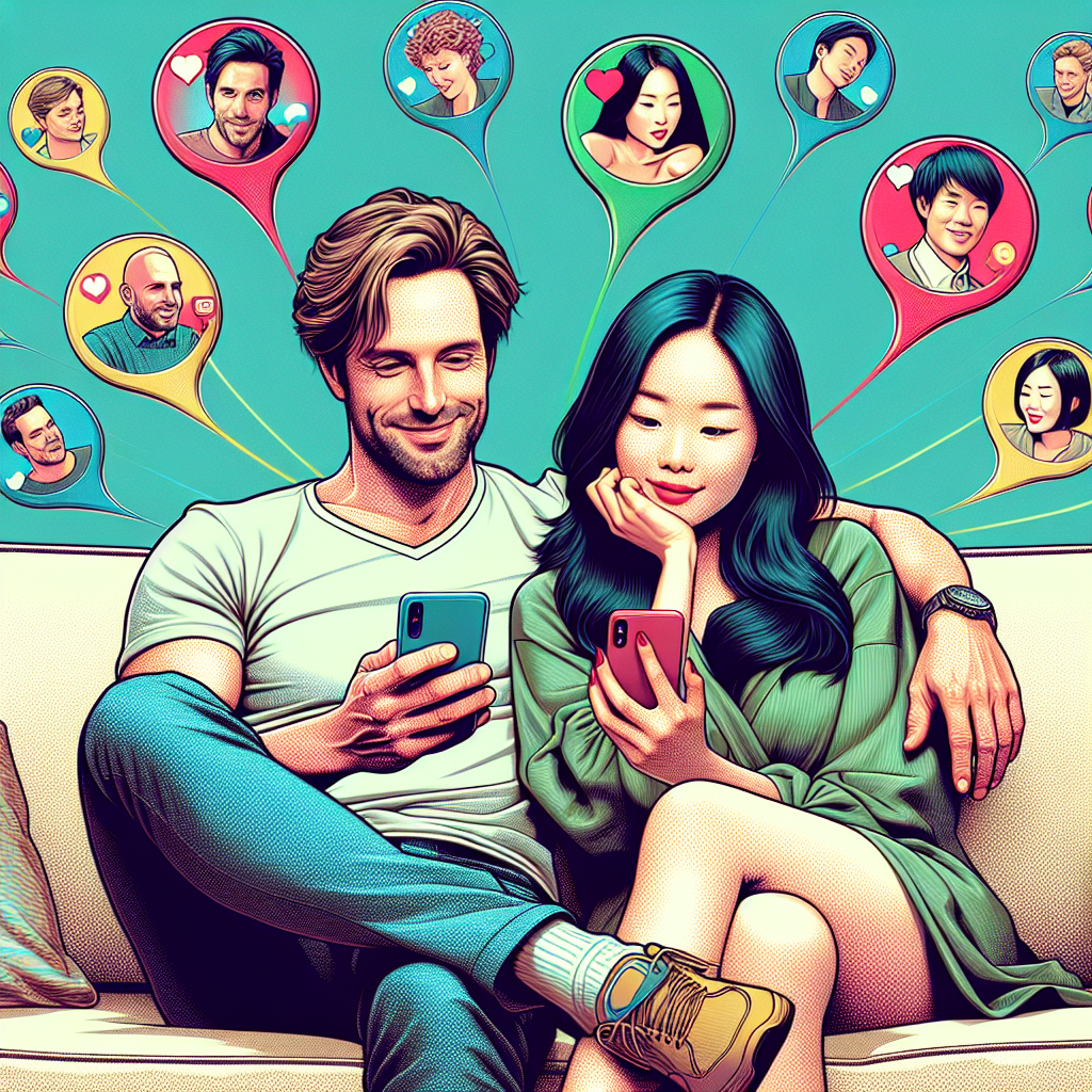A digital illustration of a couple sitting together on a couch, both holding smartphones, with icons of various relationship apps floating around them. The couple is smiling and appear to be engaged with the apps, symbolizing enhanced communication and bonding through technology.