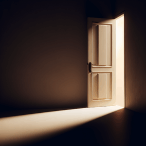 A subtly open door in a dimly lit room, symbolizing the mysterious and adventurous nature of the 'door ajar' practice. The atmosphere should evoke a sense of intrigue and cautious exploration with shadows and soft, ambient lighting.