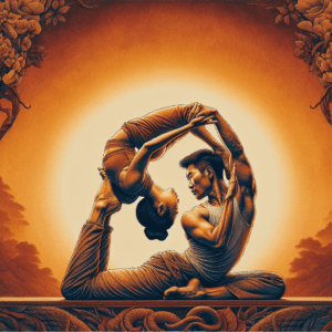 A romantic and intimate illustration of a couple engaged in a sensual yoga pose, reminiscent of a graceful arch formation, with soft, warm lighting to evoke passion and connection.