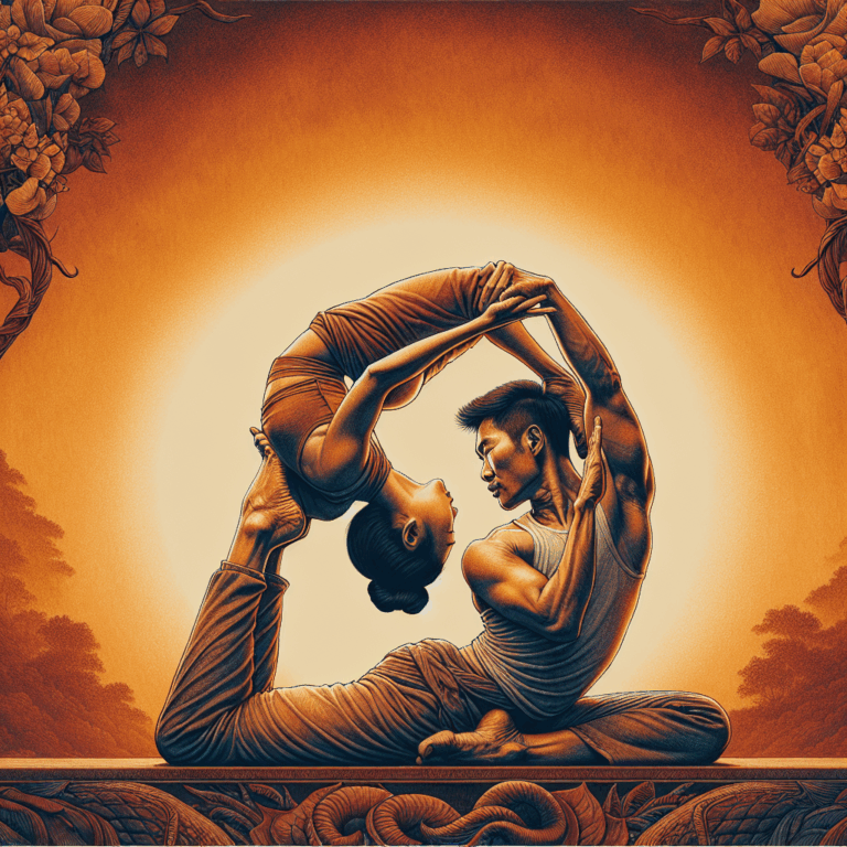 A romantic and intimate illustration of a couple engaged in a sensual yoga pose, reminiscent of a graceful arch formation, with soft, warm lighting to evoke passion and connection.