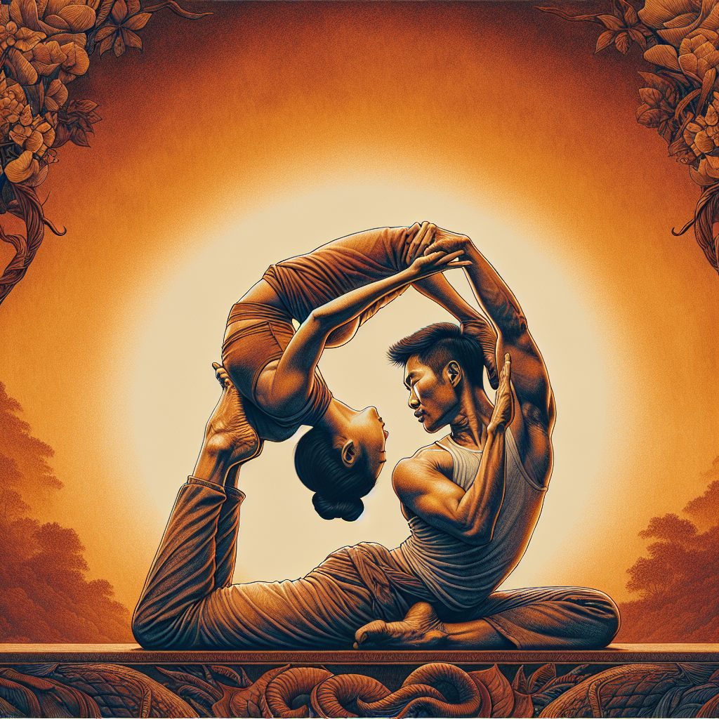 A romantic and intimate illustration of a couple engaged in a sensual yoga pose, reminiscent of a graceful arch formation, with soft, warm lighting to evoke passion and connection.
