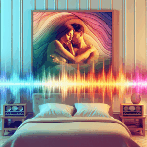 A serene bedroom setting with a couple enjoying a moment of intimacy, surrounded by a gentle, colorful soundwave illustration, symbolizing the auditory experience of auralism.