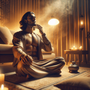 A serene and intimate setting with soft, warm lighting highlighting a calm and introspective individual exploring self-awareness and euphoric sensations through a meditative, prolonged state of relaxation and contemplation.