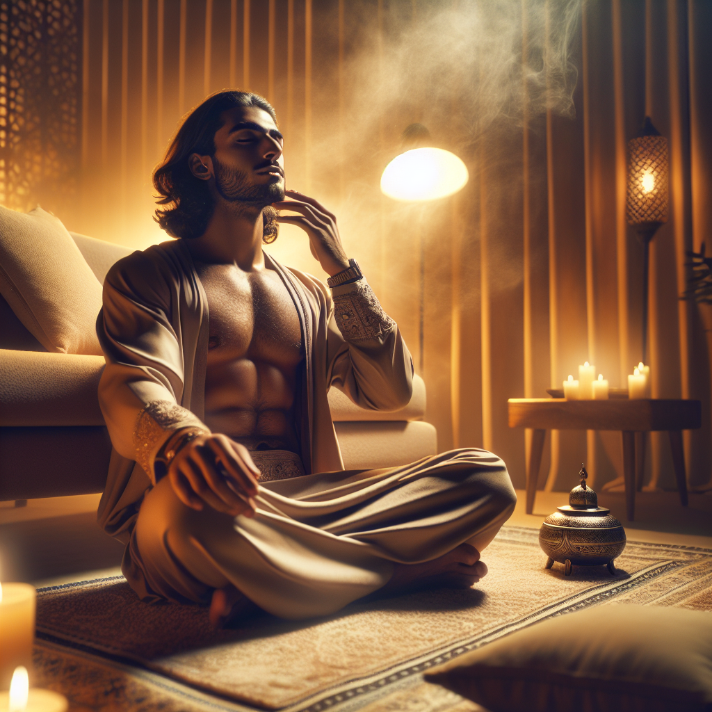 A serene and intimate setting with soft, warm lighting highlighting a calm and introspective individual exploring self-awareness and euphoric sensations through a meditative, prolonged state of relaxation and contemplation.