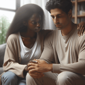 Image d'un couple assis ensemble, la femme rassurant son partenaire, ambiance douce, fond flouté, expression de compréhension mutuelle et apaisement.