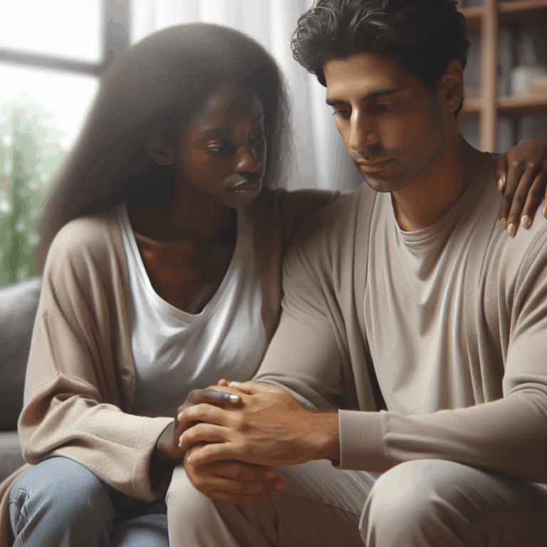 Image d'un couple assis ensemble, la femme rassurant son partenaire, ambiance douce, fond flouté, expression de compréhension mutuelle et apaisement.