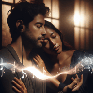 A sensual, intimate scene focusing on a couple enjoying an immersive audio experience; soft, warm lighting, with musical notes and sound waves subtly illustrated around them, symbolizing the auditory pleasure in a romantic setting.