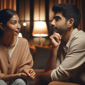 A thoughtful couple engaging in a deep conversation, surrounded by a calm and inviting setting, such as a cozy living room with soft lighting. The atmosphere should convey understanding and emotional connection, focusing on mutual support and open communication.
