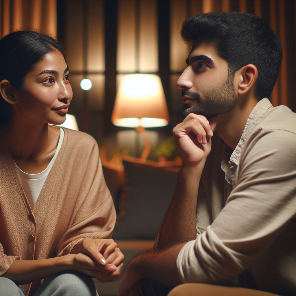 A thoughtful couple engaging in a deep conversation, surrounded by a calm and inviting setting, such as a cozy living room with soft lighting. The atmosphere should convey understanding and emotional connection, focusing on mutual support and open communication.