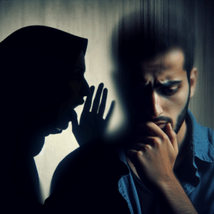 Une silhouette indistincte, enveloppée d'une aura sombre, susurrant des mots à une autre personne qui paraît confuse et troublée. L'arrière-plan est flou et mystérieux, suggérant une ambiance de manipulation psychologique.