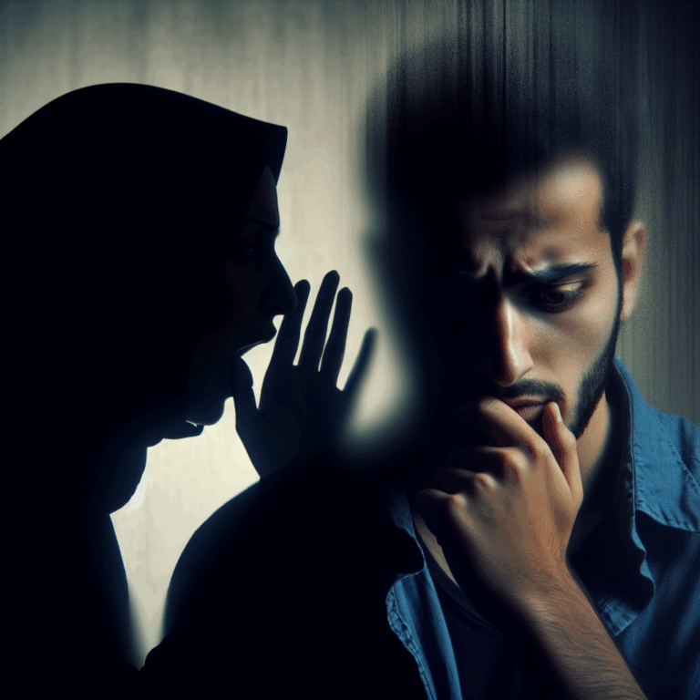 Une silhouette indistincte, enveloppée d'une aura sombre, susurrant des mots à une autre personne qui paraît confuse et troublée. L'arrière-plan est flou et mystérieux, suggérant une ambiance de manipulation psychologique.