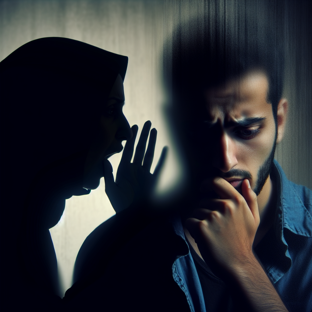 Une silhouette indistincte, enveloppée d'une aura sombre, susurrant des mots à une autre personne qui paraît confuse et troublée. L'arrière-plan est flou et mystérieux, suggérant une ambiance de manipulation psychologique.