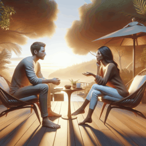 A realistic illustration of a couple having an open discussion in a peaceful, serene setting, showcasing communication and understanding in a relationship, focusing on dealing with jealousy, with warm tones and soft lighting to evoke calmness and support.