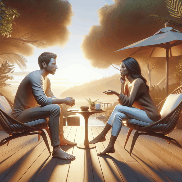 A realistic illustration of a couple having an open discussion in a peaceful, serene setting, showcasing communication and understanding in a relationship, focusing on dealing with jealousy, with warm tones and soft lighting to evoke calmness and support.