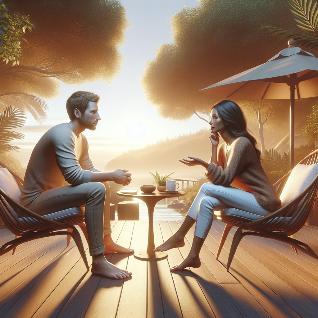 A realistic illustration of a couple having an open discussion in a peaceful, serene setting, showcasing communication and understanding in a relationship, focusing on dealing with jealousy, with warm tones and soft lighting to evoke calmness and support.