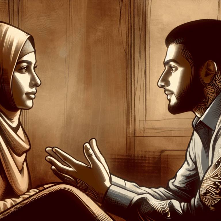 A couple in a calm and intimate setting, discussing emotions with understanding expressions, symbolizing open communication and mutual support.