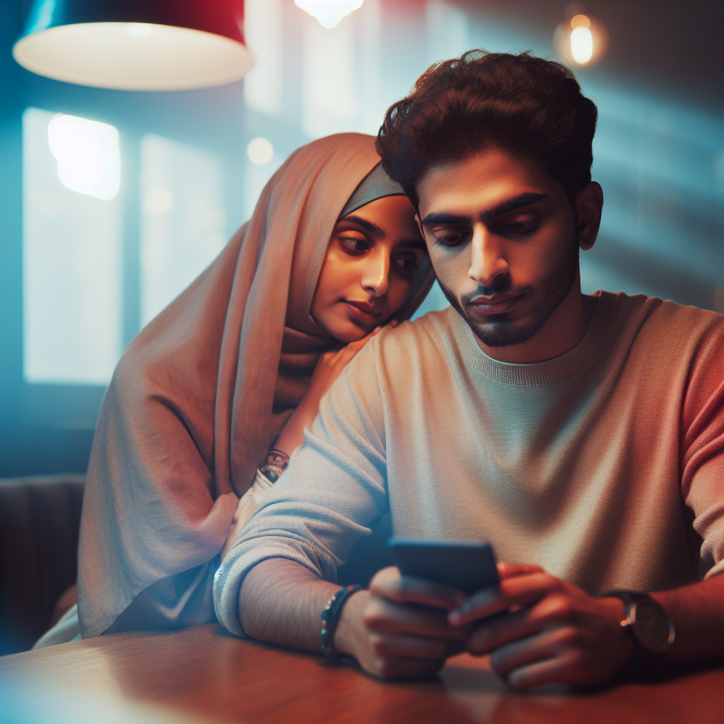 A couple sitting closely together in a cozy café, with one partner looking at their phone intently and the other showing slight concern. Soft, warm lighting with subtle tones of blue and red to indicate a mix of intimacy and caution, capturing the essence of balance in relationships.