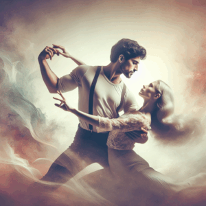 A sensual illustration showing a romantic couple engaging in the arc d'or position, emphasizing intimacy, connection, and elegance, with a soft, dreamy background.