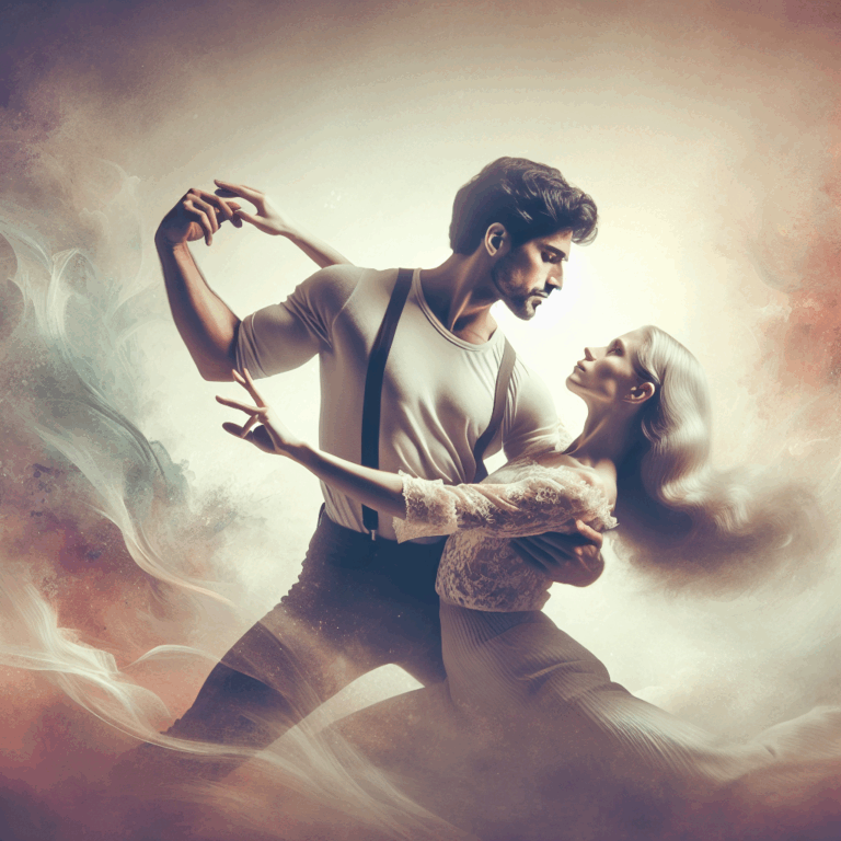 A sensual illustration showing a romantic couple engaging in the arc d'or position, emphasizing intimacy, connection, and elegance, with a soft, dreamy background.