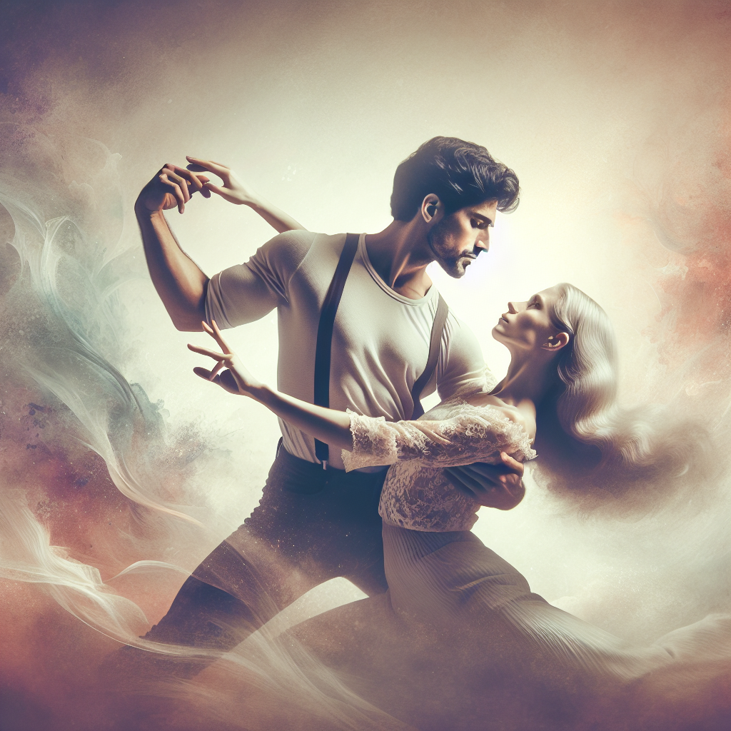 A sensual illustration showing a romantic couple engaging in the arc d'or position, emphasizing intimacy, connection, and elegance, with a soft, dreamy background.