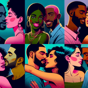 Abstract illustration depicting diverse couples engaging in non-penetrative sexual activities, emphasizing connection and shared pleasure, inclusive of various genders and orientations. Use vibrant colors for a modern, intimate atmosphere.