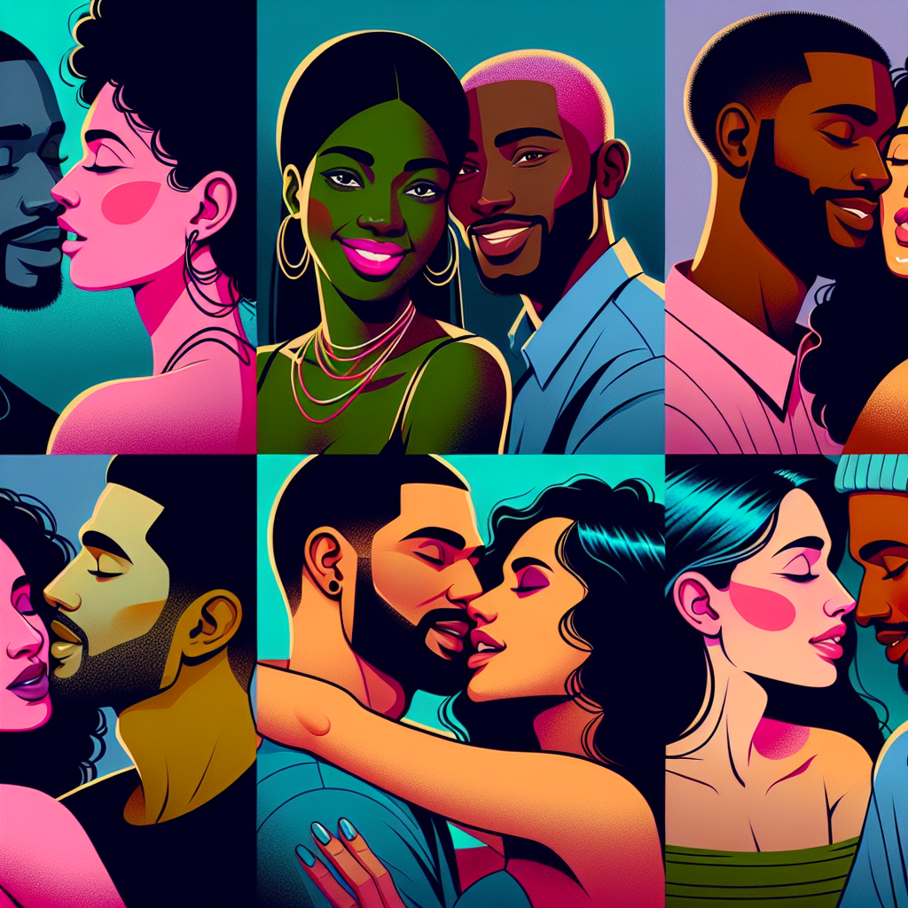 Abstract illustration depicting diverse couples engaging in non-penetrative sexual activities, emphasizing connection and shared pleasure, inclusive of various genders and orientations. Use vibrant colors for a modern, intimate atmosphere.